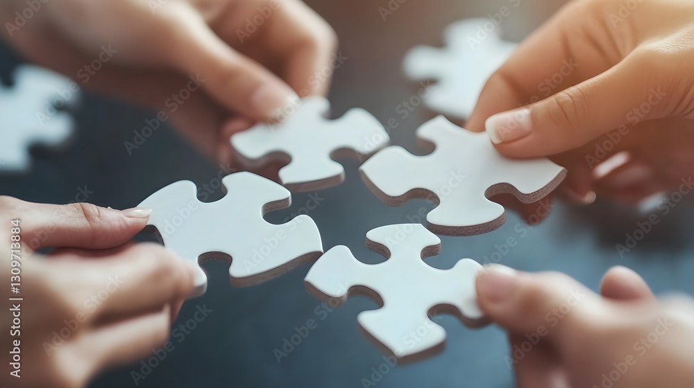 People Collaborating to Assemble Puzzle Pieces, Symbolizing Teamwork and Shared Goals People Collaborating to Assemble Puzzle Pieces, Symbolizing Teamwork and Shared Goals