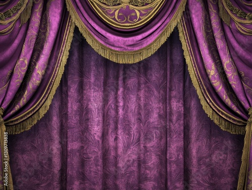 Decorative Purple Curtains With Gold Accents Hang Elegantly in a Theatrical Setting
