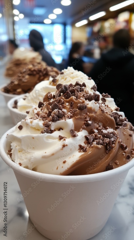Delicious ice cream cups topped with whipped cream and chocolate bits. Delicious ice cream cups topped with whipped cream and chocolate bits.