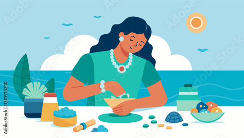 A jeweler skillfully shapes recycled sea glass into delicate and sustainable beachinspired bracelets showcasing the beauty of reusing discarded. Vector illustration