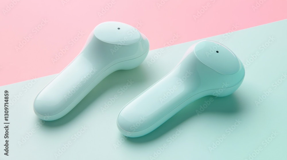 Fototapeta premium Mint-colored wireless earbuds on pastel background