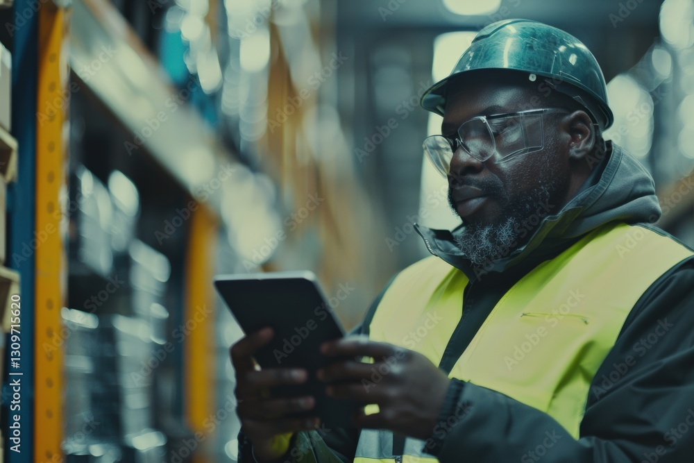 Warehouse supervisor wearing safety gear using tablet for inventory tracking in industrial storage area. Professional setting focusing on organization, management, and supply chain logistics. Warehouse supervisor wearing safety gear using tablet for inventory tracking in industrial storage area. Professional setting focusing on organization, management, and supply chain logistics.
