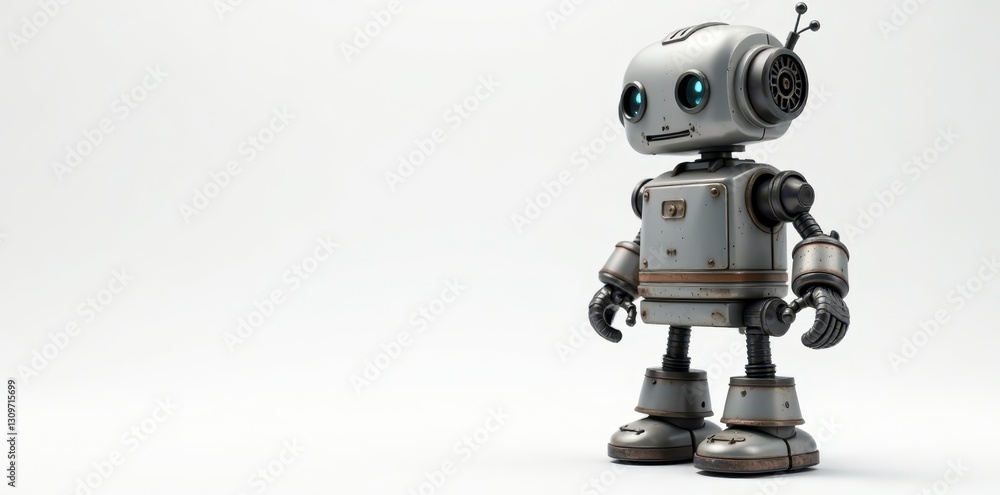 Grey metallic wind-up robot, aged patina, white backdrop , wind up toy, white, studio Grey metallic wind-up robot, aged patina, white backdrop , wind up toy, white, studio