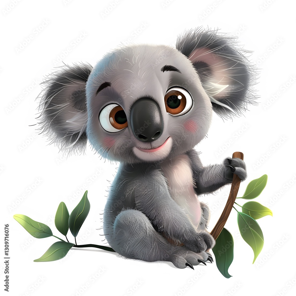 Obraz premium Cute cartoon koala character sitting with a branch and leaves