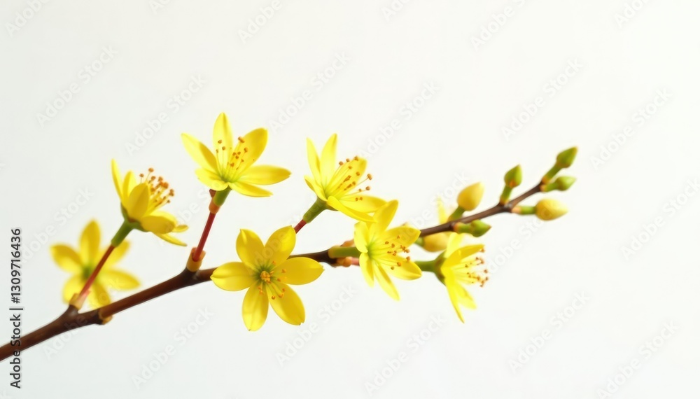 A delicate twig with small yellow flowers isolated on a white background, twig, flower A delicate twig with small yellow flowers isolated on a white background, twig, flower