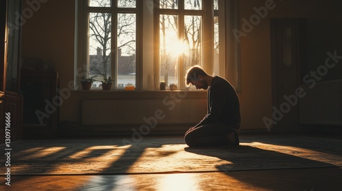 Individual meditating in a sunlit room at sunset