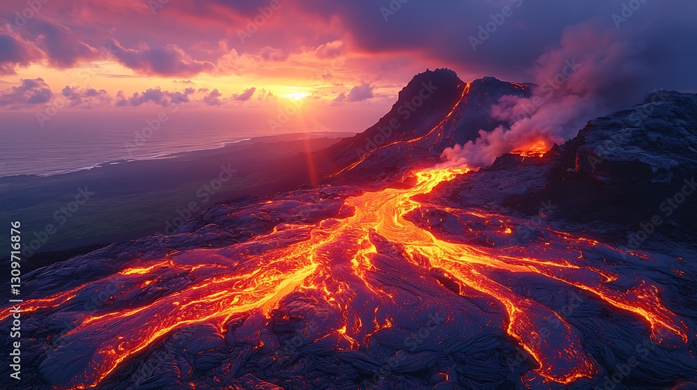 Molten lava streams down a volcanic mountain glowing brightly against the dramatic hues of a sunset sky and swirling smoke Molten lava streams down a volcanic mountain glowing brightly against the dramatic hues of a sunset sky and swirling smoke