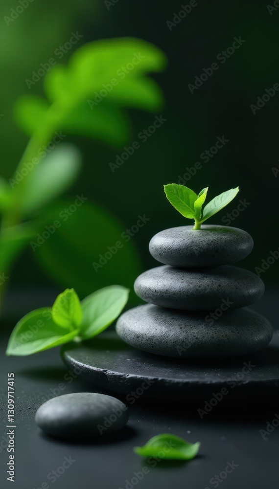 Smooth grey spa stones & vibrant green leaves on black backdrop, treatment, contrast, elegant Smooth grey spa stones & vibrant green leaves on black backdrop, treatment, contrast, elegant
