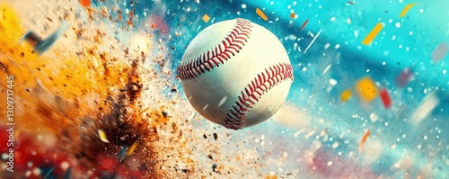 Dynamic Baseball in Motion with Colorful Confetti Explosion