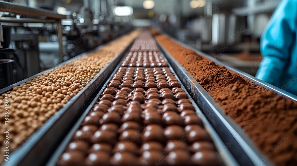 Brown powder production factory with processing machines conveying chocolates on a conveyor belt in a busy environment Brown powder production factory with processing machines conveying chocolates on a conveyor belt in a busy environment