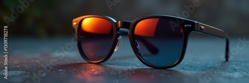 Sleek black sunglasses, reflective lenses, modern design, fashion, glossy, sunglasses