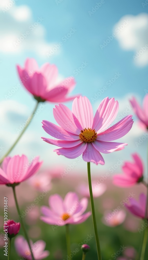 Fluffy pink and white cosmos petals sway gently in a clear summer sky , sun, botany Fluffy pink and white cosmos petals sway gently in a clear summer sky , sun, botany
