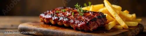 Half rack BBQ ribs, golden fries, rustic wood , closeup, hearty, wooden background