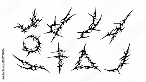 Neo tribal tattoo vector set, cyber sigilism elements. Sharp, aggressive, and futuristic, perfect for gothic cyberpunk design