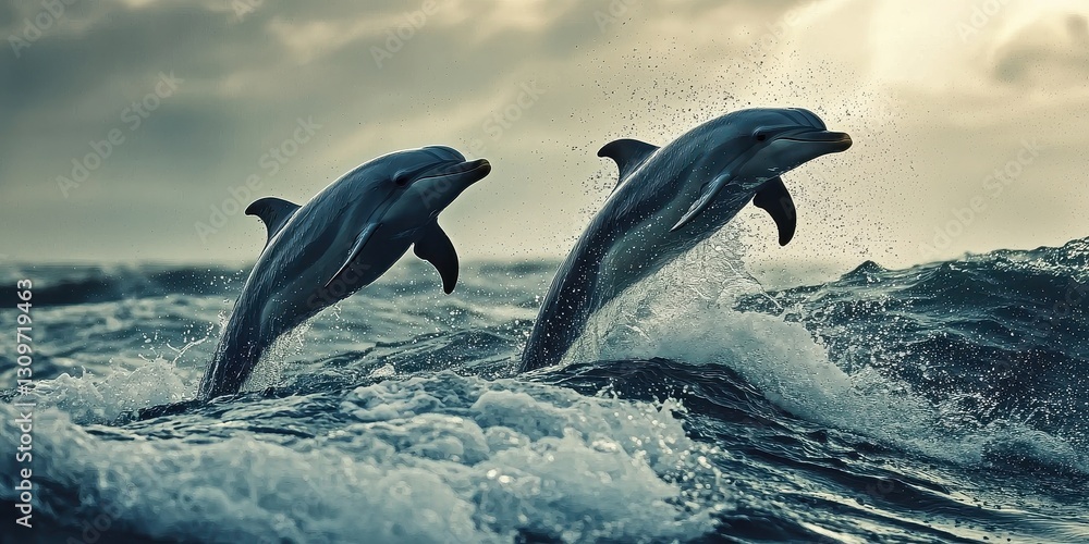 Fototapeta premium Dolphins jumping through the water, dynamic motion shot