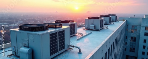 Massive rooftop air conditioning units on a commercial building , ducts, units