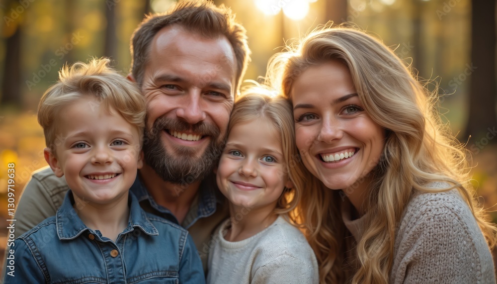 Fototapeta premium Portrait of happy family with kids in autumn forest. Father, mother, son and daughter smiling. Parents with children together outdoors enjoy nature, demonstrate unity. Concept of family values.