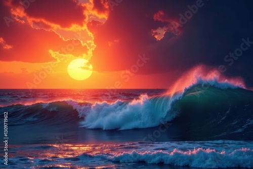 Fiery sunset paints sky, powerful waves crash , energy, vibrant colors