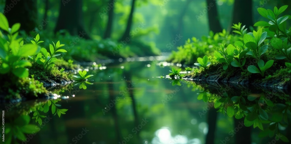 Dark water surface reflected green vegetation bog pool, landscape, environment, ecology Dark water surface reflected green vegetation bog pool, landscape, environment, ecology