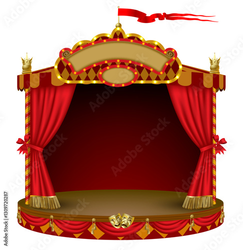 Colorful frame in the form of an open puppet theater stage or circus tent isolated on white. Vector illustration in 3d style