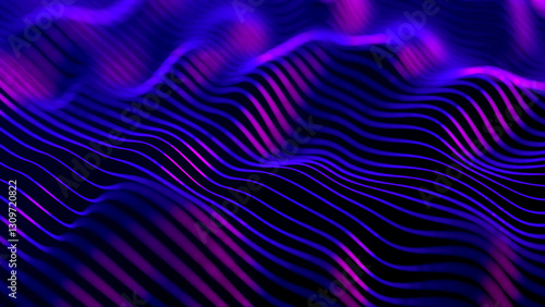 Fluid Wavy Vibrant Blue Purple Geometry. Abstract purple digital waves on dark blue background with soft purple light rays. Digital sea particle waves background. Violet waves