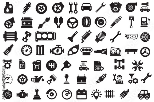 A set of car parts and automotive accessories in vector format. Ideal for repair shop designs, mechanic branding, and car-related infographics.