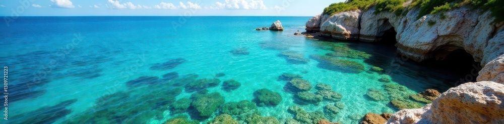Fototapeta premium Secluded cove, crystal clear water, vibrant coral reef visible below , sky, tropical escape, beautiful
