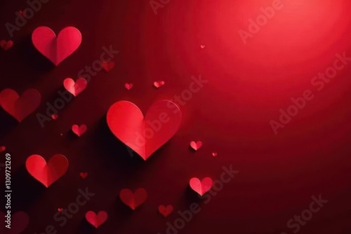 Scattered red hearts on dark red, gradient effect, graphic, heart pattern, festive