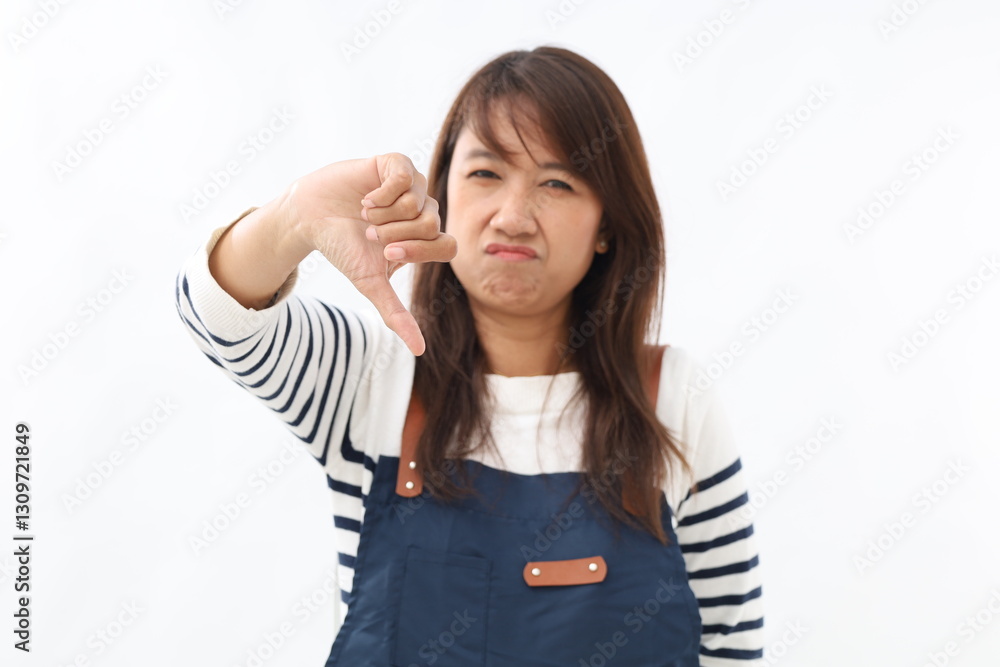 Fototapeta premium Moody unsatisfied asian woman wearing blue apron, disliking bad restaurant food smirking displeased, grimacing disappointed show thumb down, shaking head negative judgment, stand white background