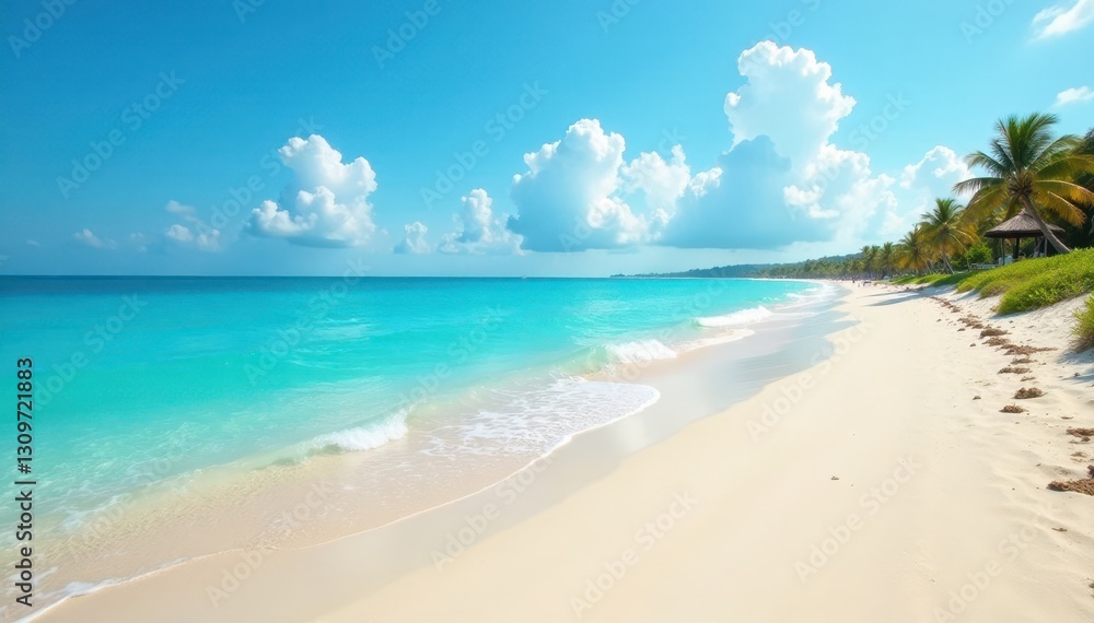 Sunny beach scene, turquoise water, soft sand dunes, summer, travel Sunny beach scene, turquoise water, soft sand dunes, summer, travel