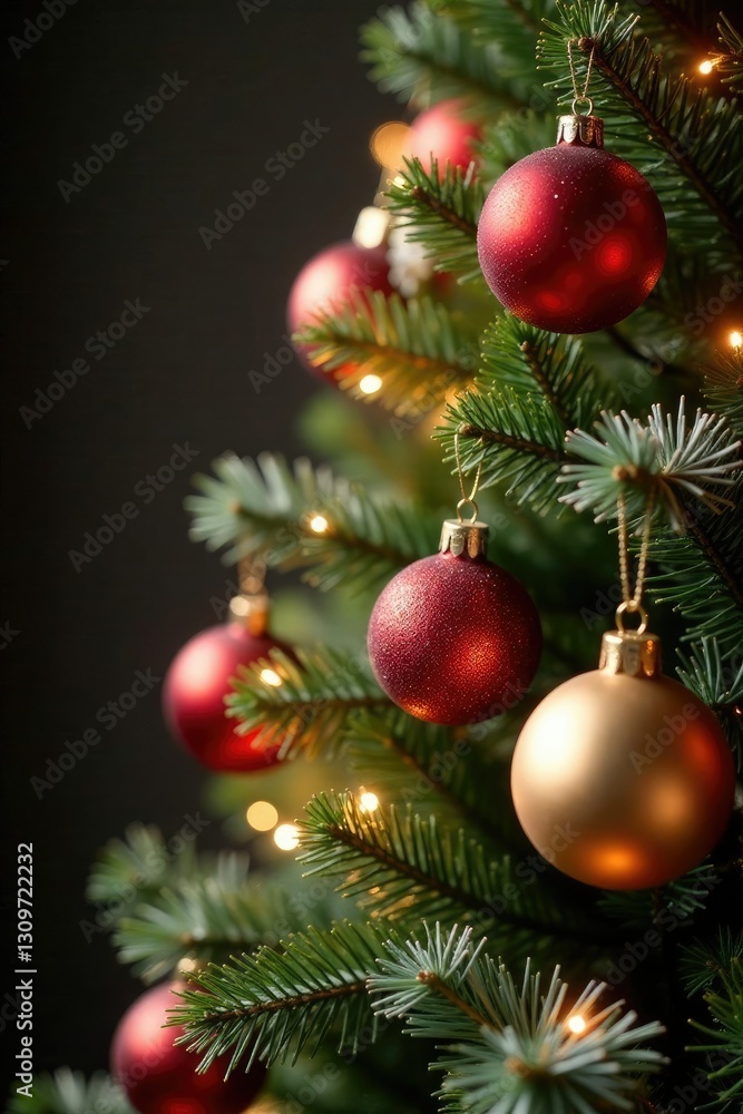 Gold Christmas tree with red and gold balls nestled among frosted glass ornaments, ornament, sparkling Gold Christmas tree with red and gold balls nestled among frosted glass ornaments, ornament, sparkling