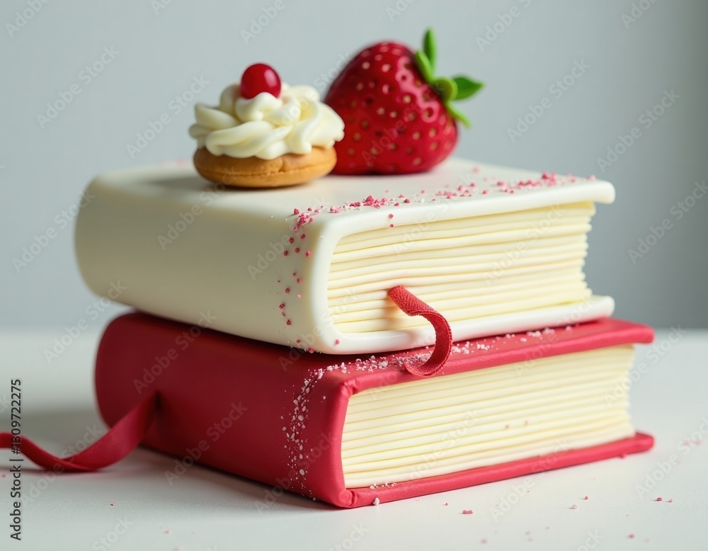 Delicious Book-Shaped Cake with Strawberry and Cream Topping