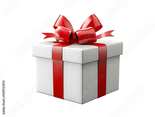 white gift box with red ribbon and bow on transparent background, png photo