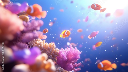 Vibrant coral reef teeming with colorful fish, sunlight filtering through water.