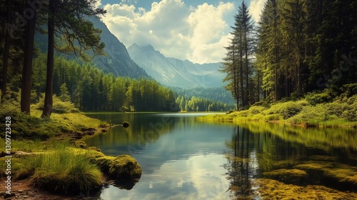 A beautiful mountain lake with trees in the background. The water is calm and clear, reflecting the surrounding trees and mountains. The scene is peaceful and serene