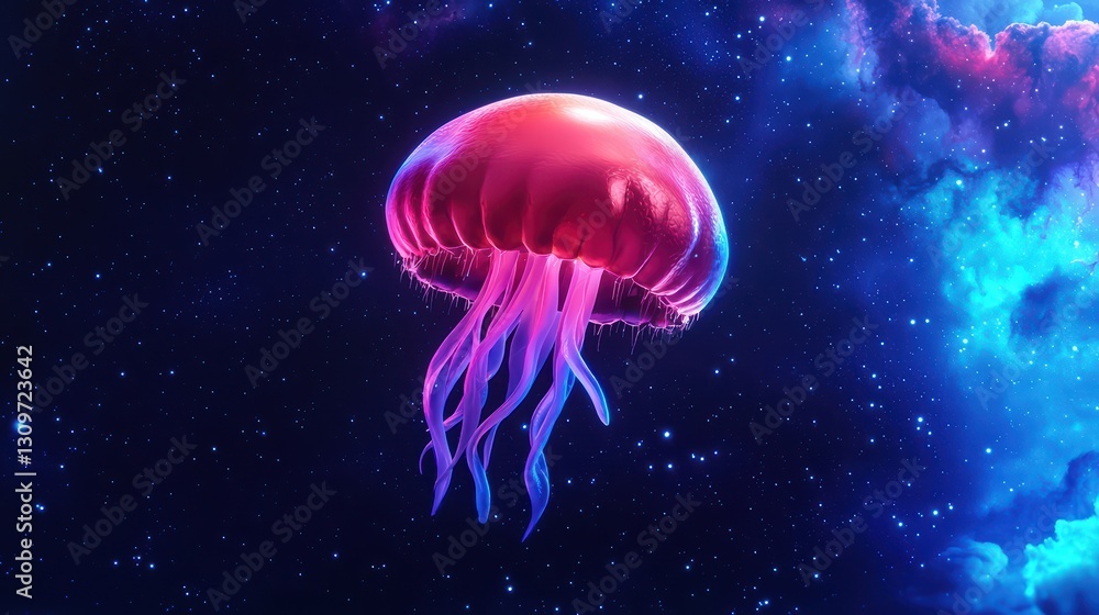 Obraz premium Ethereal Jellyfish Shaped Like a Spaceship Floating in Cosmic Nebula