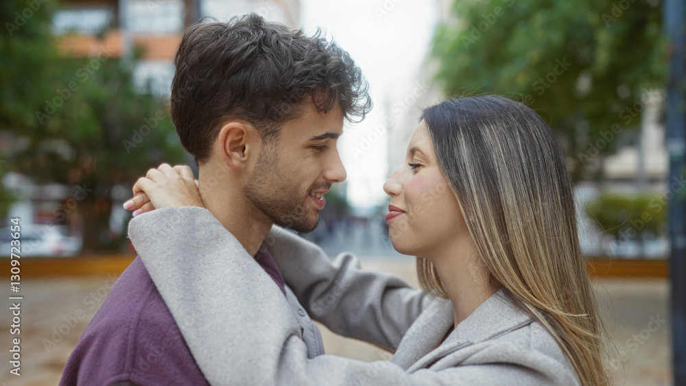 Couple embracing outdoors with man and woman gazing lovingly in an urban street setting, expressing relationship and romance against a city backdrop. Couple embracing outdoors with man and woman gazing lovingly in an urban street setting, expressing relationship and romance against a city backdrop.