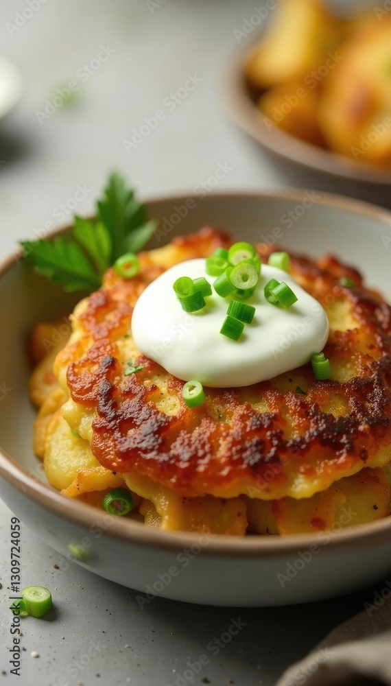 Latkes in a shallow bowl with sour cream and diced onions on top, potato, meal, side Latkes in a shallow bowl with sour cream and diced onions on top, potato, meal, side