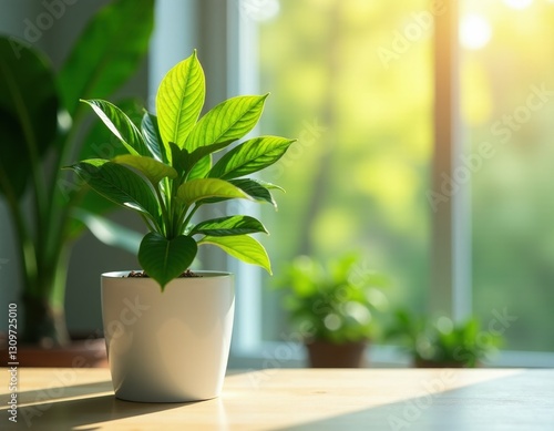 Green Plant in White Pot on Wooden Table by Window