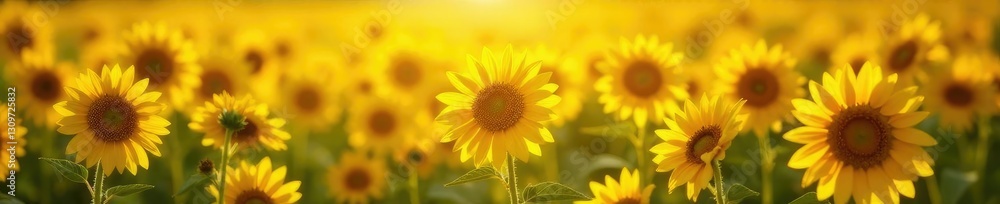 Obraz premium Shining sunflowers in a field of heart-shaped wild flowers, heart shaped flowers, yellow hues, floral art