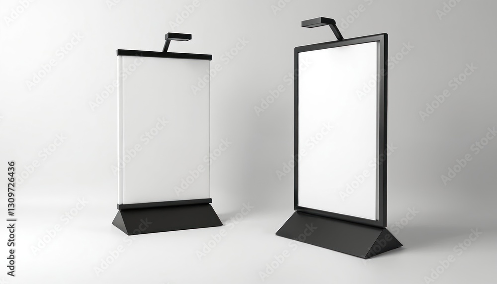3D illustration with blank advertising stands for trade show, isolated on white. Banner mockup for product presentation, poster. Pop up signage. Retail booth. Commercial exhibition promotion panel. 3D illustration with blank advertising stands for trade show, isolated on white. Banner mockup for product presentation, poster. Pop up signage. Retail booth. Commercial exhibition promotion panel.