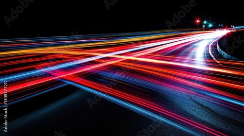 A night drive captured in slow shutter speed, creating abstract streaks of colorful lights from passing vehicles.