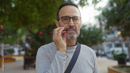 Hispanic man with glasses making gesture to silence in urban park setting, looking mature and contemplative in an outdoor city environment.
