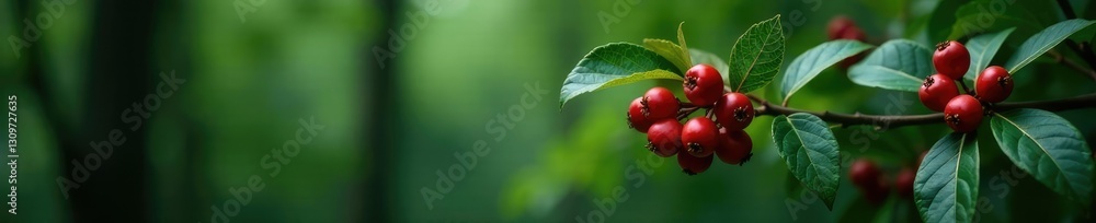 Dark red and green leafy branch with red berries, forest, tree Dark red and green leafy branch with red berries, forest, tree