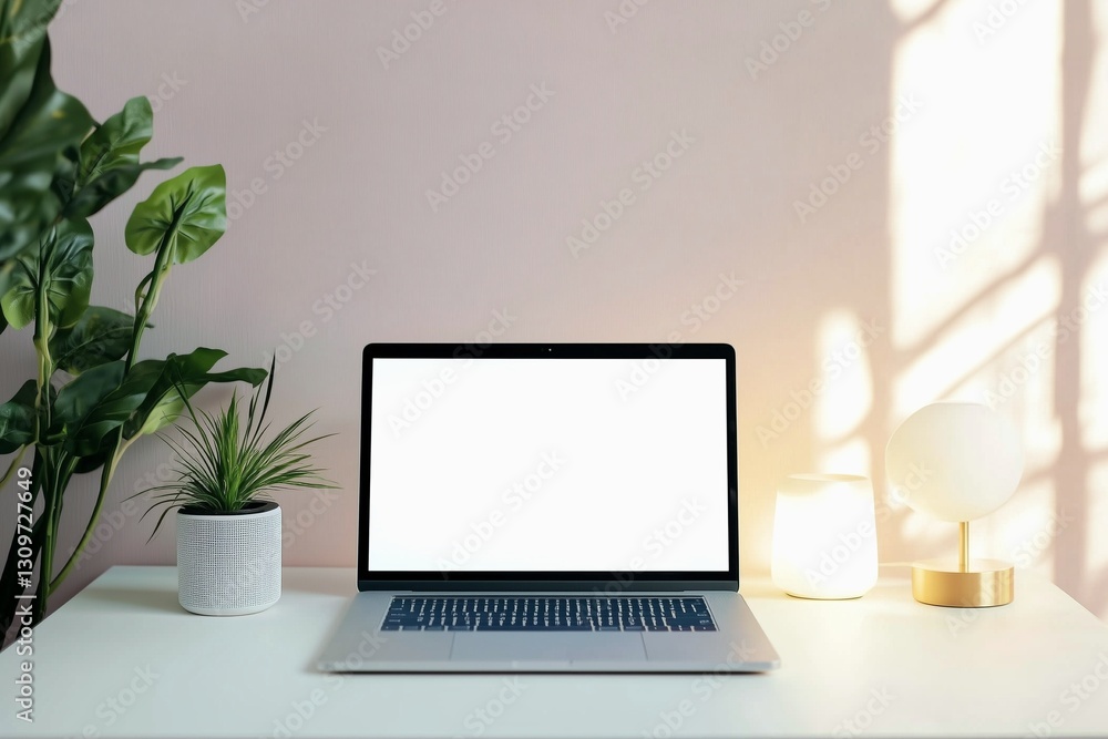 Fototapeta premium Blank laptop screen on white table with soft lighting in room