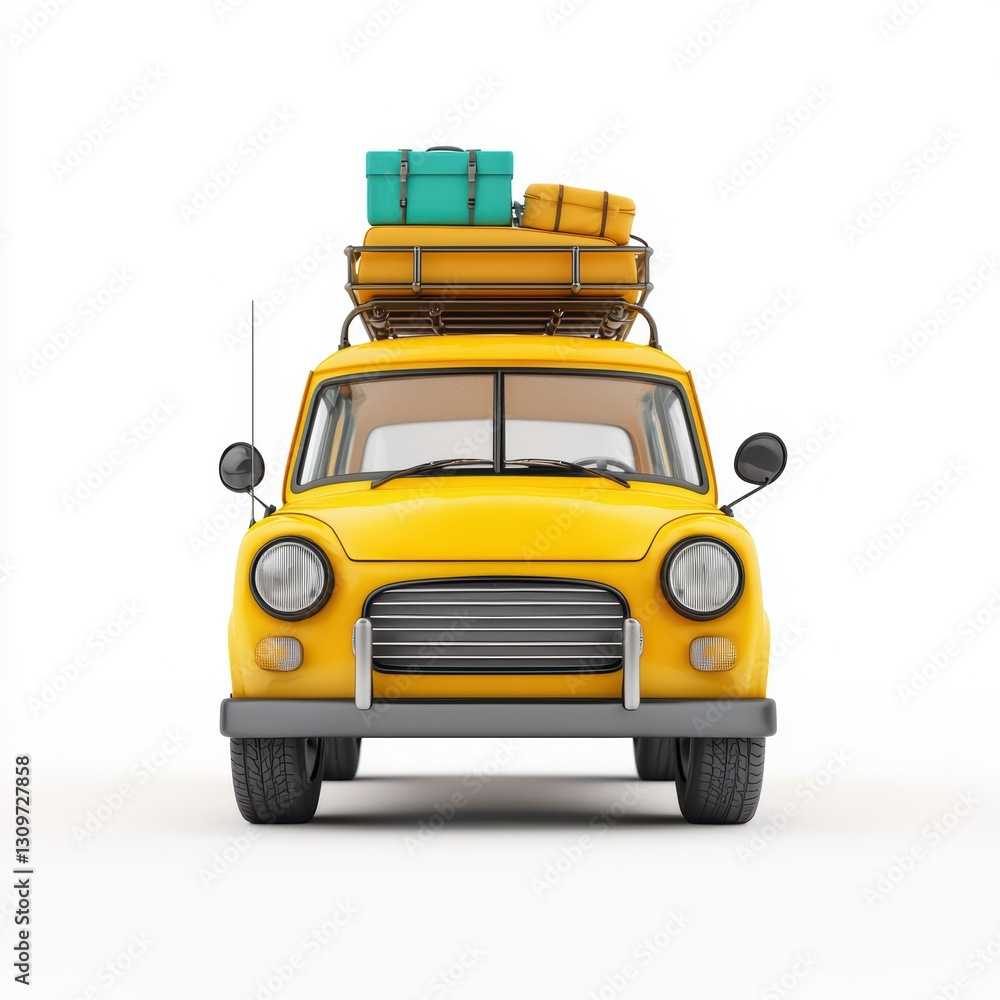Fototapeta premium Classic Yellow Car Ready for an Epic Road Trip Adventure with Scenic Views and Travel Gear
