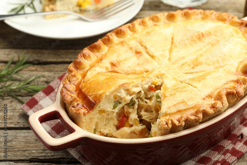 Tasty homemade pie with chicken and vegetables in baking dish on wooden table, closeup Tasty homemade pie with chicken and vegetables in baking dish on wooden table, closeup