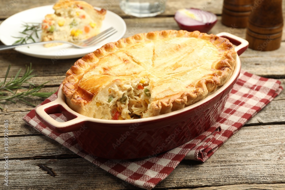 Tasty homemade pie with chicken and vegetables in baking dish on wooden table, closeup Tasty homemade pie with chicken and vegetables in baking dish on wooden table, closeup
