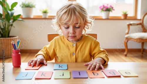 Curious blonde child learning letters with educational flashcards at home