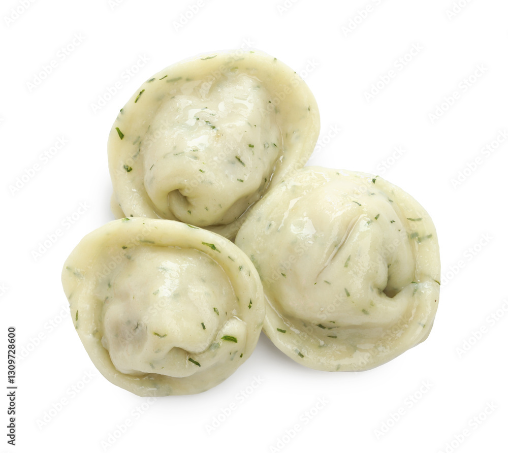 Delicious dumplings (pelmeni) with spices isolated on white, top view Delicious dumplings (pelmeni) with spices isolated on white, top view
